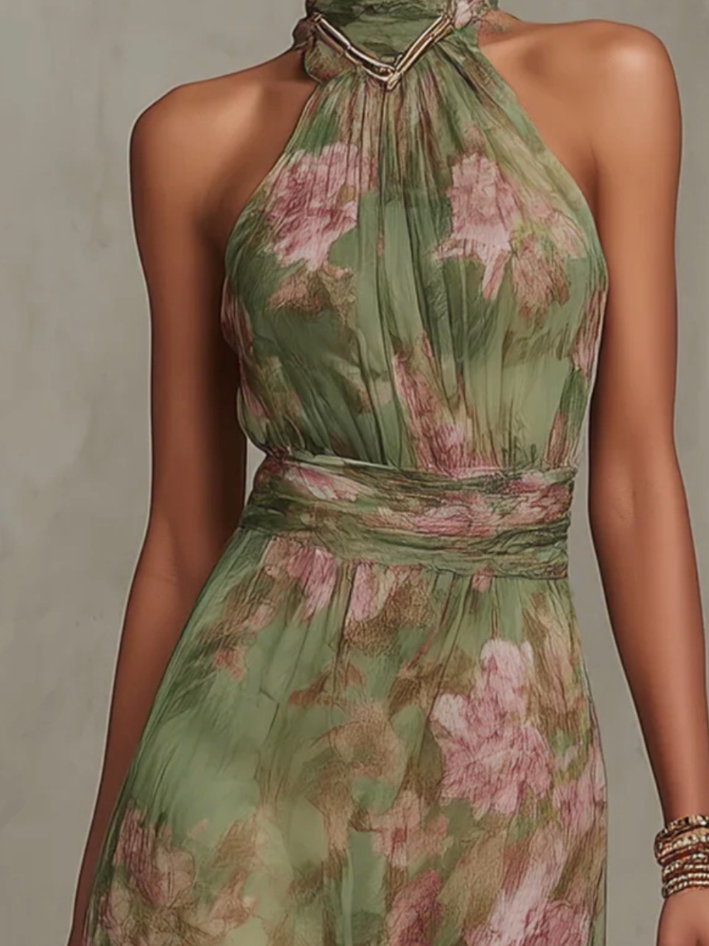 Olive Green Floral Halter Midi Dress